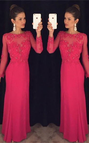 Elegant Long Sleeve Red Chiffon Prom Dress Lace Appliques Sequins