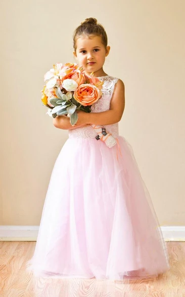 White Lace Pink Flower Girl With Long Tulle Skirt Dress