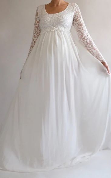 Maternity Lace Chiffon Long Sleeve Square Neck Empire Waist Wedding Dress