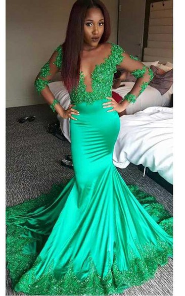 Long Sleeve Lace Mermaid Long Green Prom Dress