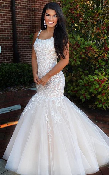 Modern Mermaid Spaghetti Lace Tulle Sleeveless Prom Dress With Appliques