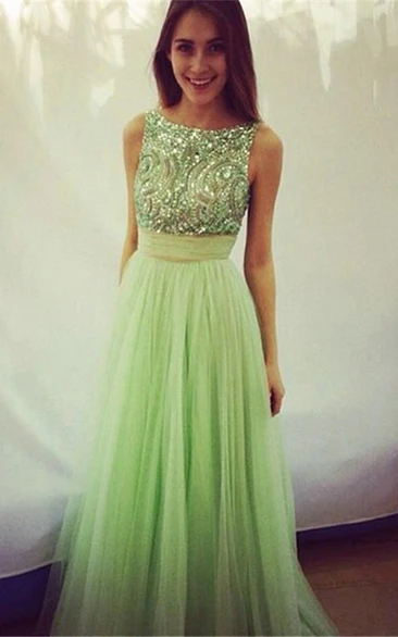 Delicate Crystals Tulle Prom Dress Bowknot A-line