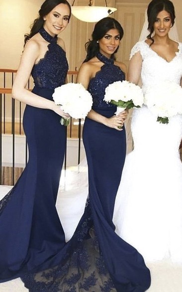 Lace And Jersey Sleeveless Mermaid Halter Appliqued Bridesmaid Dress With Train