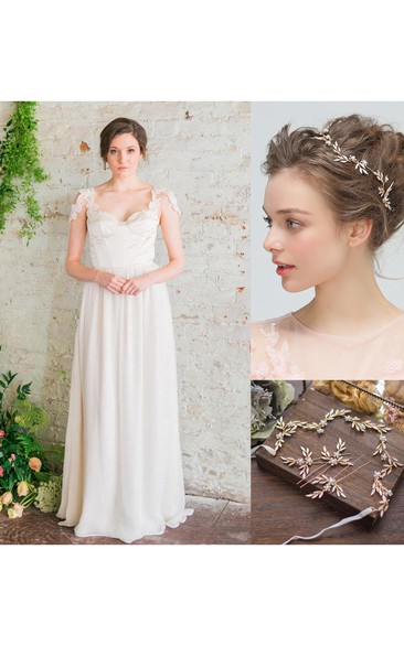 Sweetheart A-Line Long Chiffon Wedding Gown With Appliques and Golden Flower Headband Hairpin Hair Kit