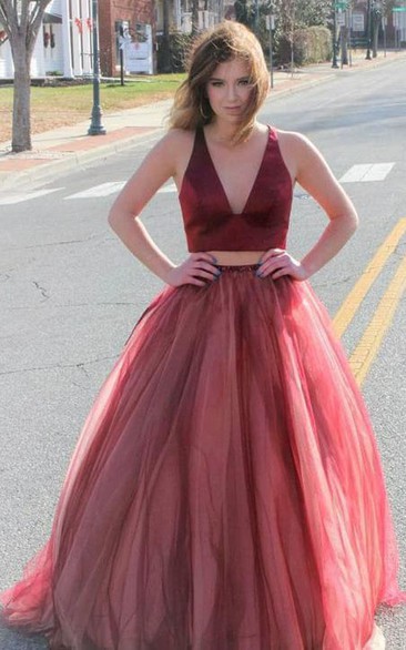 Simple Two Piece Tulle Floor-length Sleeveless Zipper Formal Dress with Bow