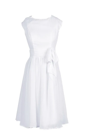 Short Sleeve Knee-length Chiffon Dress With Bowknot