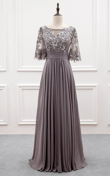 Casual A Line Chiffon Floor-length Half Sleeve Zipper Formal Dress with Sequins