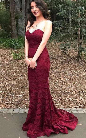 Sweetheart Red Lace Mermaid Evening Prom Dress