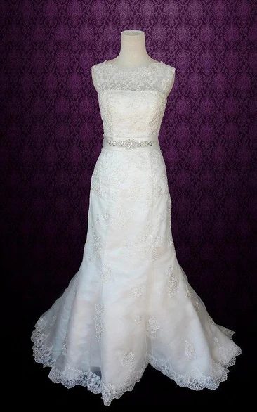 Scalloped Button Back Mermaid Lace Wedding Dress With Sash And Crystal Detailing