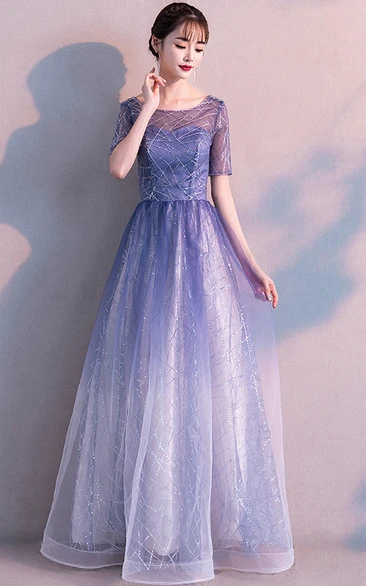 Modest Tulle Bateau A Line Prom Evening Formal Dress With Sequins