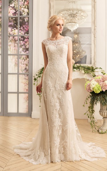Sheath Floor-Length Scoop Cap-Sleeve Illusion Lace Dress With Appliques