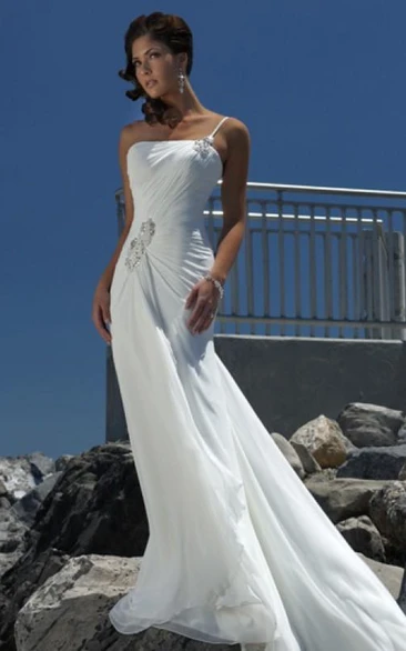 Sheath Column Empire One Shoulder Chiffon Beach Wedding Dress