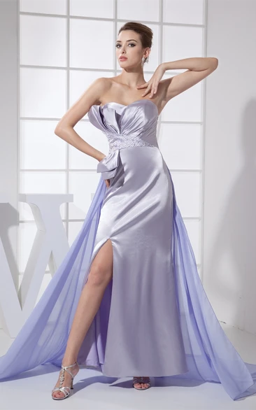 Layered Ruched Sweetheart Ankle-Length Satin Dress with Side Zipper and Beadings