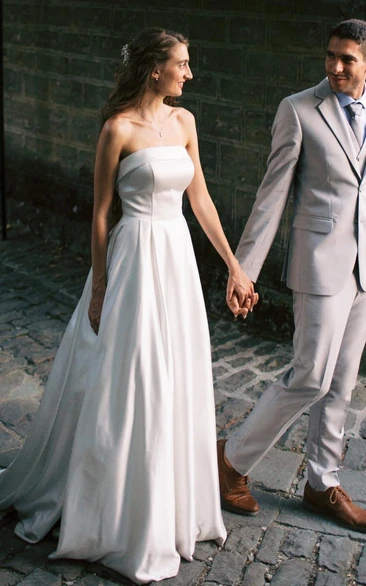 Casual A-Line Strapless Satin Garden Wedding Dress With Backless And Illusion Sleeves