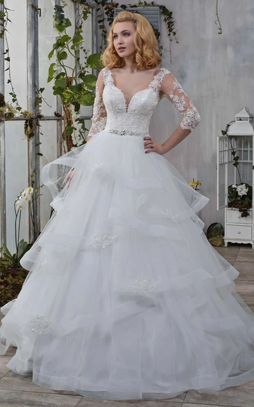 Illusion Long Sleeve Tulle Ball Gown Ruffled Wedding Dress With Appliques And Jewel Waist