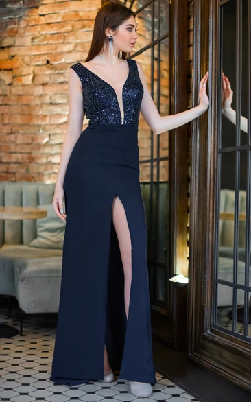 Sexy Plunging Neckline Sleeveless Floor-length Sheath Guest Dress With Split Front