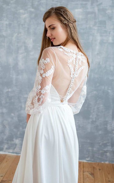 Chiffon Tulle Satin Beaded Lace Button Wedding Dress