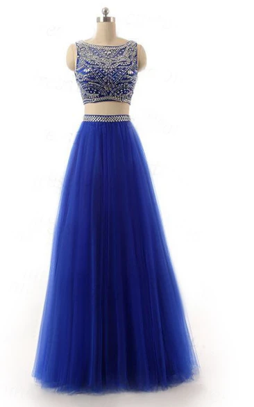 Bateau-neck Two Piece Tulle Prom Dress With Beading