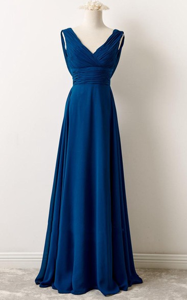 Floor-length V-neck Chiffon Dress With Ruching and Pleating