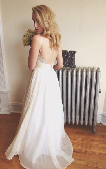 Bohemian Backless Spaghetti Strap Pleated A-Line Long Chiffon Dress Wedding Dress