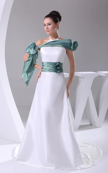 Satin Sleeveless A-Line Gown with Wrap and Flower