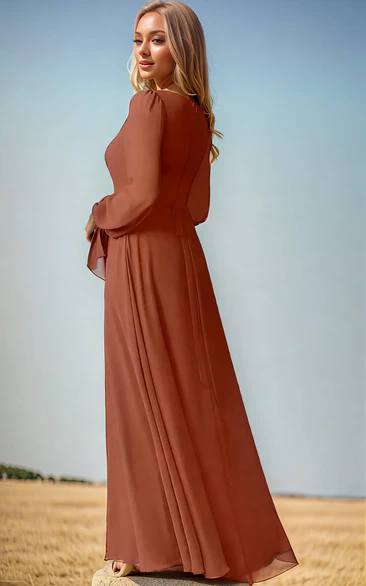 Vintage Elegant Chiffon Square Neck A-Line Bridesmaid Dress Simple Solid Puff Long Sleeve Floor-Length Zipper Back Sash Split Bridesmaid Gown - Red/ Vintage Elegant Chiffon Square Neck A-Line Bridesmaid Dress Simple Solid  Puff Long Sleeve Floor-length Zipper Back Sash Split Bridesmaid Gown - June  Bridals