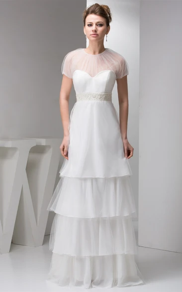 Short-Sleeve Tulle Tiered A-Line Dress with Illusion and Beaded Waist