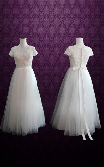 Cap Sleeve Lace And Tulle Weddig Dress With Ribbon And Bow