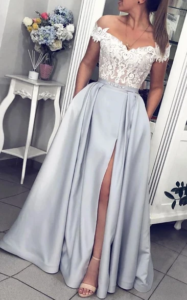 Modern A Line Satin Lace Off-the-shoulder Sweetheart Sleeveless Prom Dress