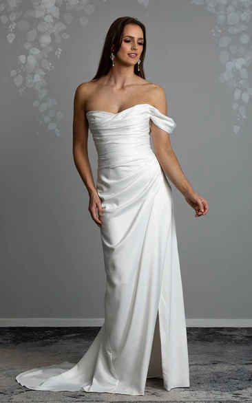 Elegant Mermaid Off-the-shoulder Satin Wedding Dress With Open Back And Ruching