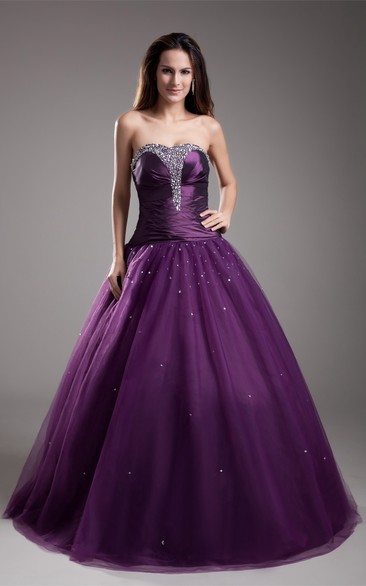 strapless a-line ball pleated gown with jeweled top