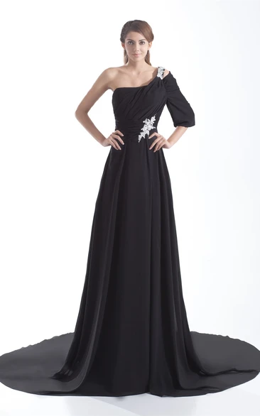 chiffon floor-length pleated dress with one-sleeve design and appliques