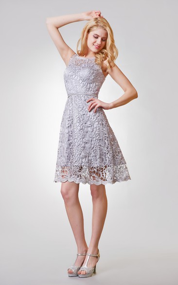 Scoop Neckline Short A-line Lace Dress With Illusion Back