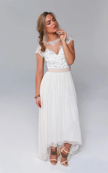 Illusion Jewel Neck Cap Sleeve High-Low Chiffon Wedding Dress With Lace Sequined Bodice