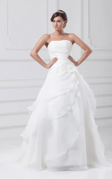 Strapless Draped A-Line Gown with Appliques