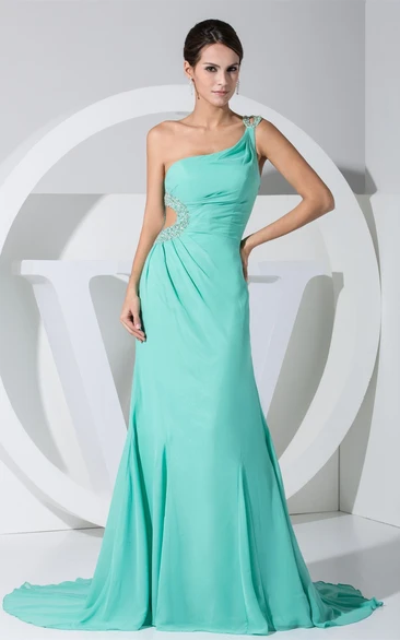Chiffon Ruched Beaded Dress with Keyhole and Single Strap