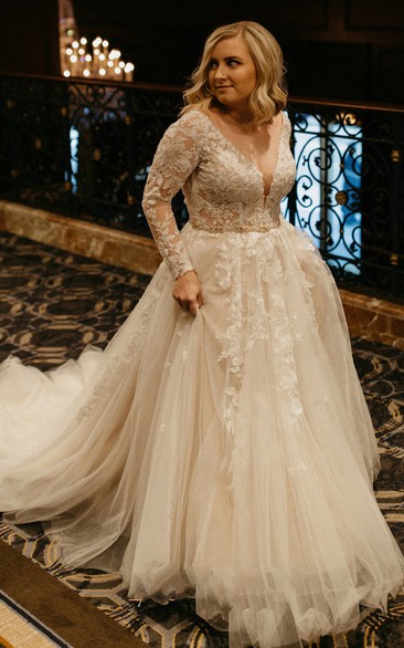 Casual Brush Train Long Sleeve Tulle A Line Deep-V Back Wedding Dress with Ruching