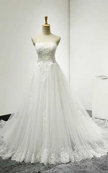 Strapless Tulle Wedding Dress With Lace Bodice Court Train