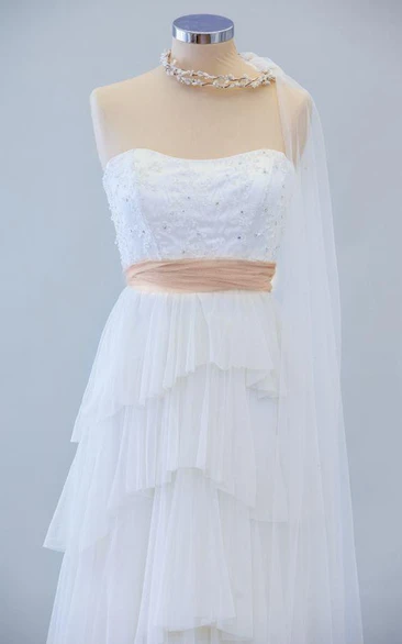 Handmade Strapless Long A-Line Tulle Wedding Dress With Tiers