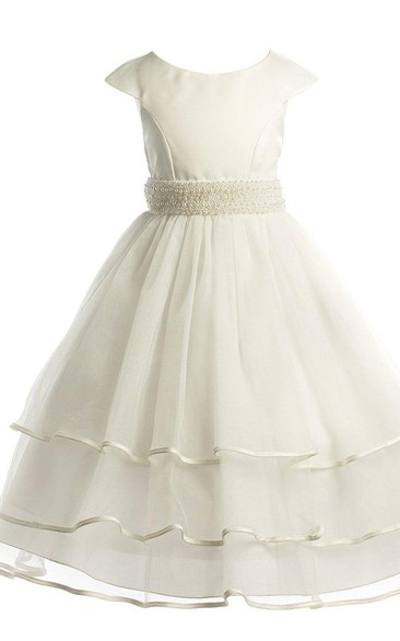 Cap-sleeved Scoop-neck A-line Tiered Organza Dress With Beadings