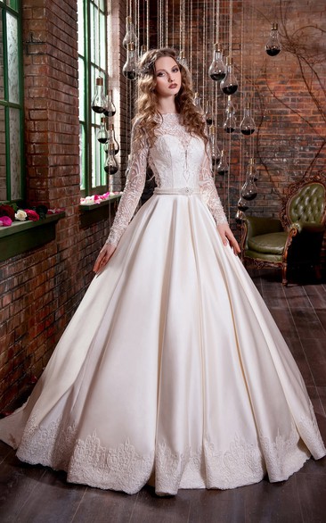 Ball Gown Long Jewel Long-Sleeve Illusion Satin Dress With Appliques And Waist Jewellery