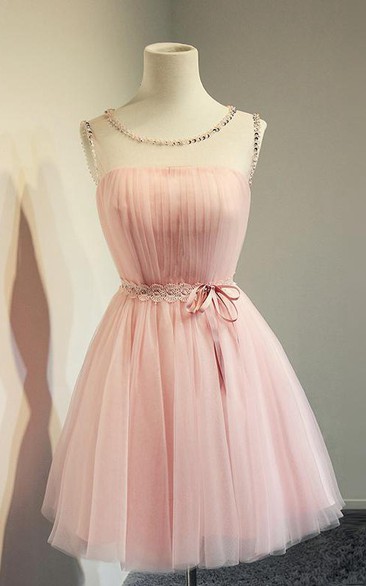 Simple Jeweled Sleeveless Short Tulle Dress