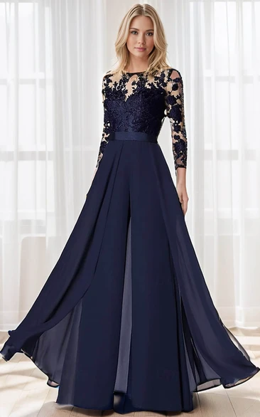 Formal Floral Jumpsuit Detachable A-Line Boho MOB Dress Modern Flowy Maxi Chiffon Lace Party Evening Gown