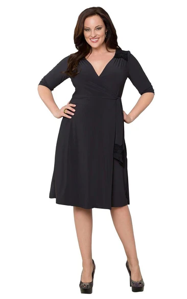 Half-sleeved V-neck Knee-length Dress With Pleats