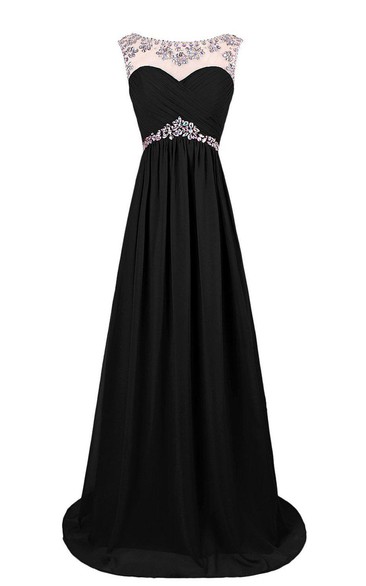 Cap-sleeved Chiffon Gown With Beaded Neckline