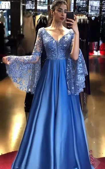 Modern A Line Floor-length Long Sleeve Satin Prom Dress with Appliques