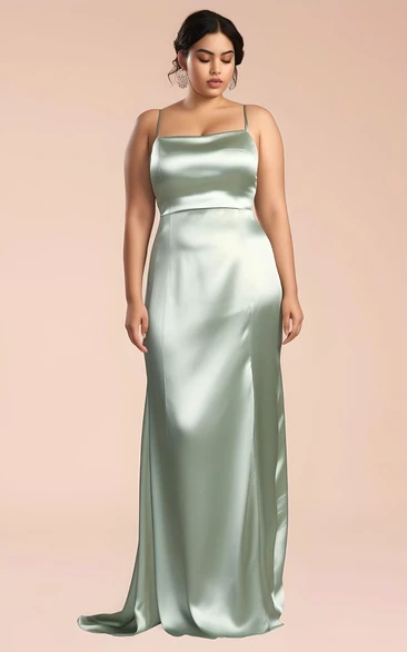 Mermaid Sleeveless Satin 2023 Plus Size Bridesmaid Dress Simple Casual Ethereal Modern Floor-length Sweep Train