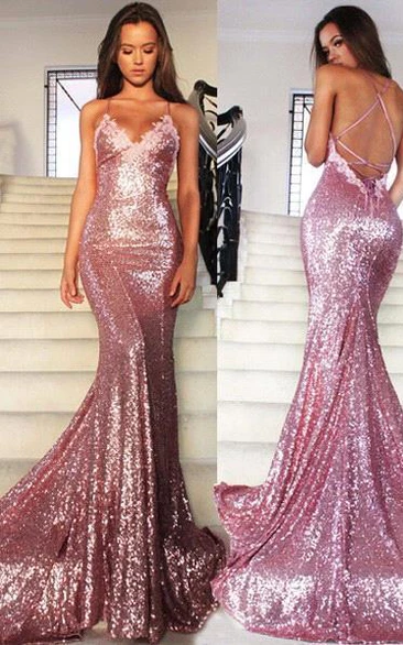 Glamorous Sequins V-Neck Prom Dresses Mermaid Spaghetti Straps Party Gowns