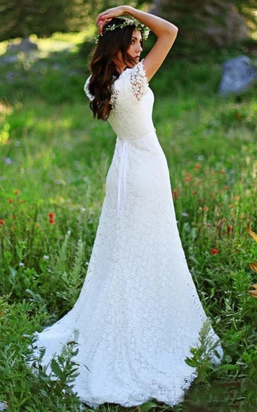 Vintage Country Modest Cap Sleeve Bohemian Crochet Lace A-line Wedding Dress  with Beaded Belt - June Bridals