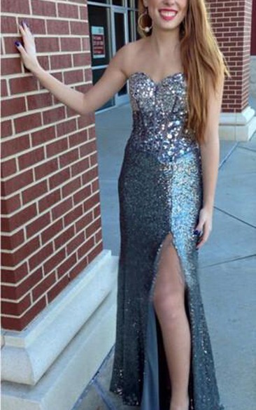 Luxurious Crystals Sequins Mermaid Prom Dress Front Split Sweetheart